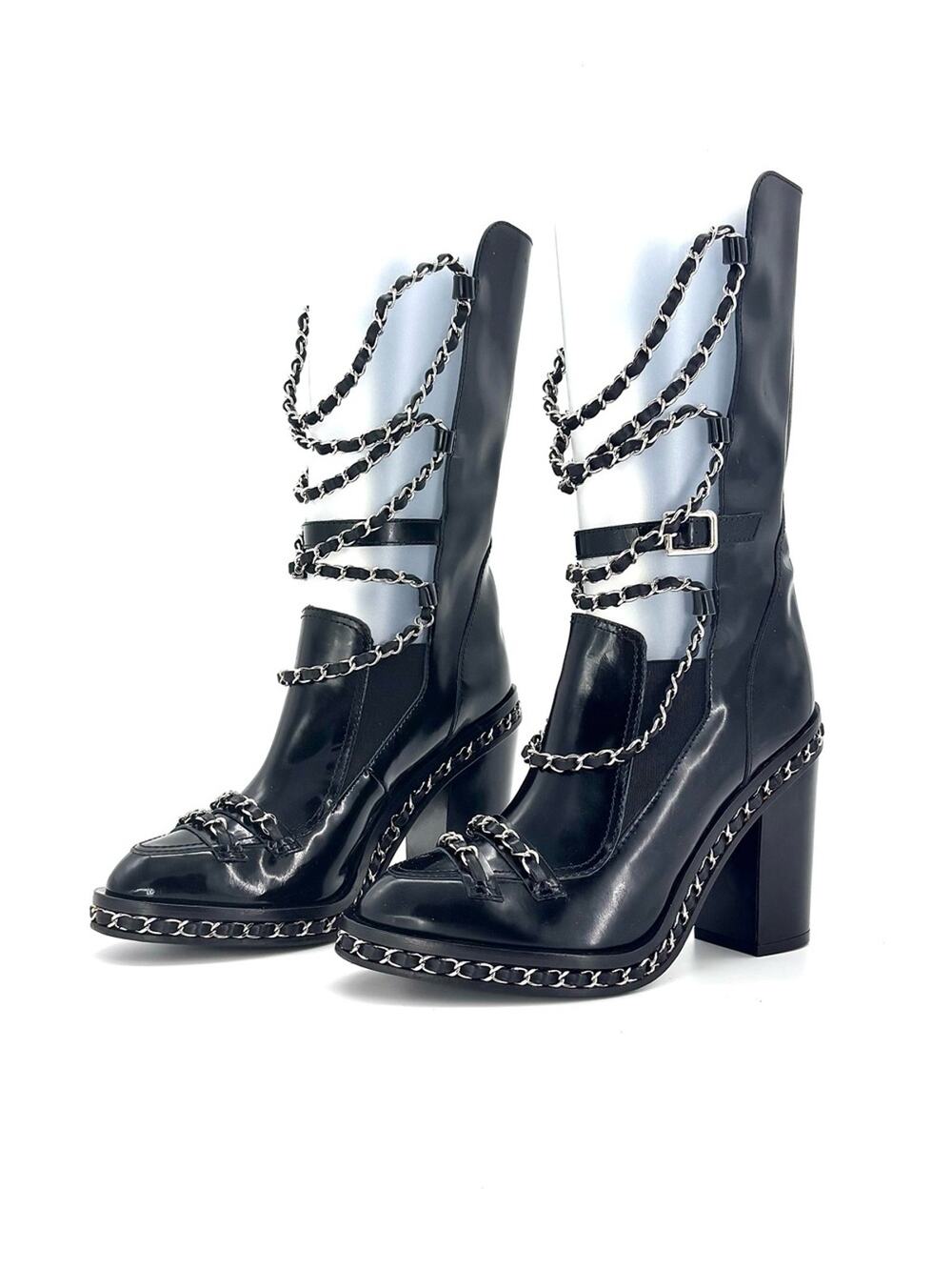 Chanel A/W2013 Karl Lagerfeld Chain Obsession Patent Leather Block Heel Boots 37